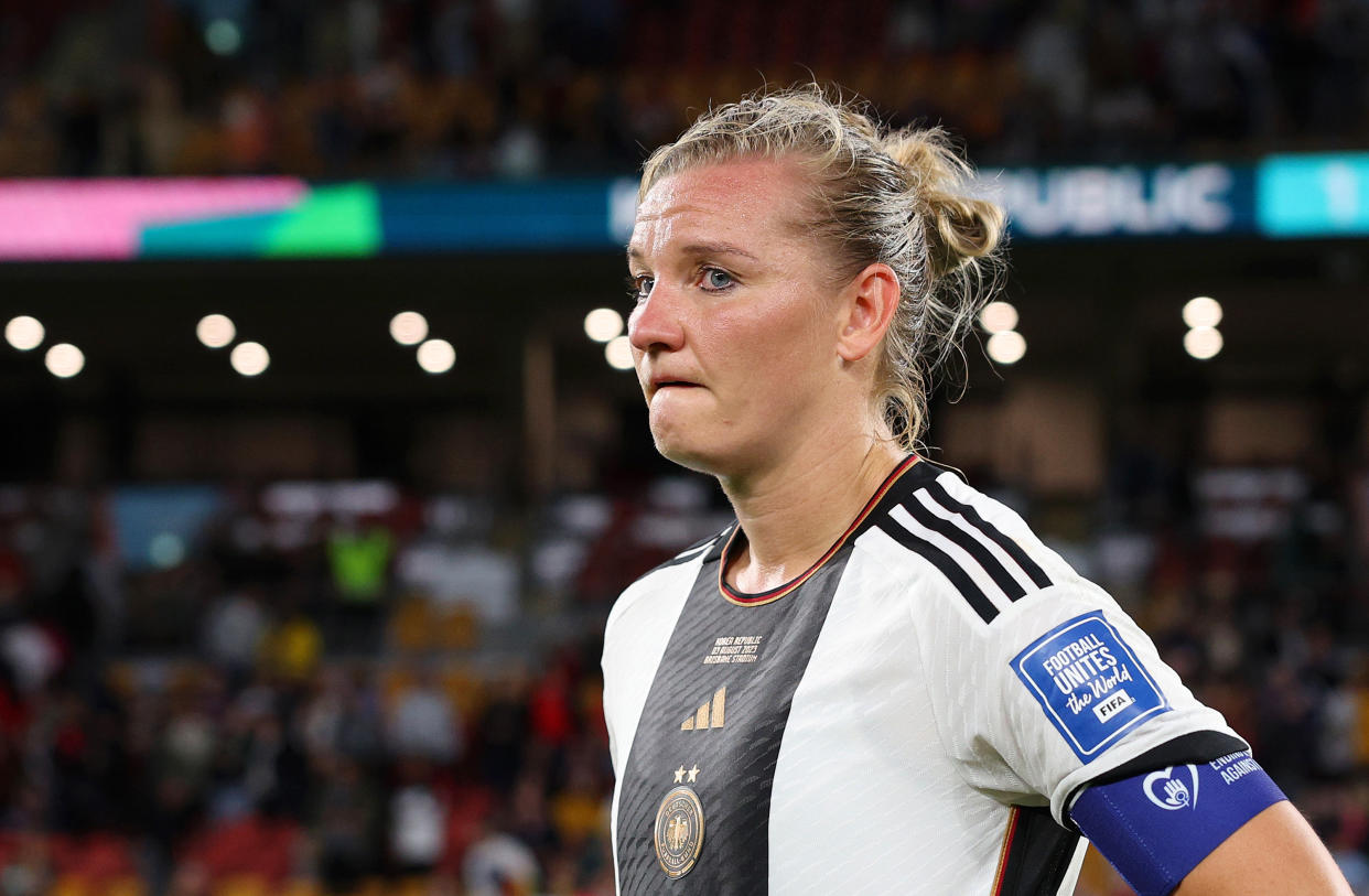 BRISBANE, AUSTRALIA - AUGUST 03: Alexandra Popp of Germany looks dejected after the team's elimination from the tournament during the FIFA Women's World Cup Australia & New Zealand 2023 Group H match between South Korea and Germany at Brisbane Stadium on August 03, 2023 in Brisbane, Australia. (Photo by Elsa - FIFA/FIFA via Getty Images)