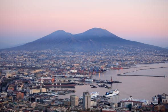 View of the Gulf of Naples and Mount Vesuvius in the distance, Naples, Italy