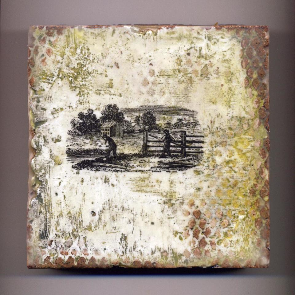 This undated publicity photo provided by Jamie Lang shows a 6-inch-by-6-inch tile piece, where Denver artist Lang painted the wax medium encaustic over an image transfer. Lang uses encaustic to give the images on his handmade, adobe tiles a nostalgic look. Encaustic is a versatile, mixed-media technique that combines pigment with hot wax, and is resurging in popularity today, though its origins date to at least the first century AD. (AP Photo/Jamie Lang)