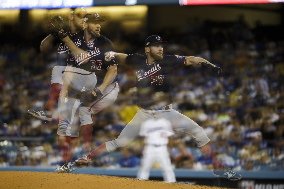 In this multiple-exposure photo, Washington Nationals starting pitcher Stephen Strasburg throws to a Los Angeles Dodgers batter during the third inning in Game 2 of a baseball National League Division Series on Friday, Oct. 4, 2019, in Los Angeles. (AP Photo/Marcio Jose Sanchez)