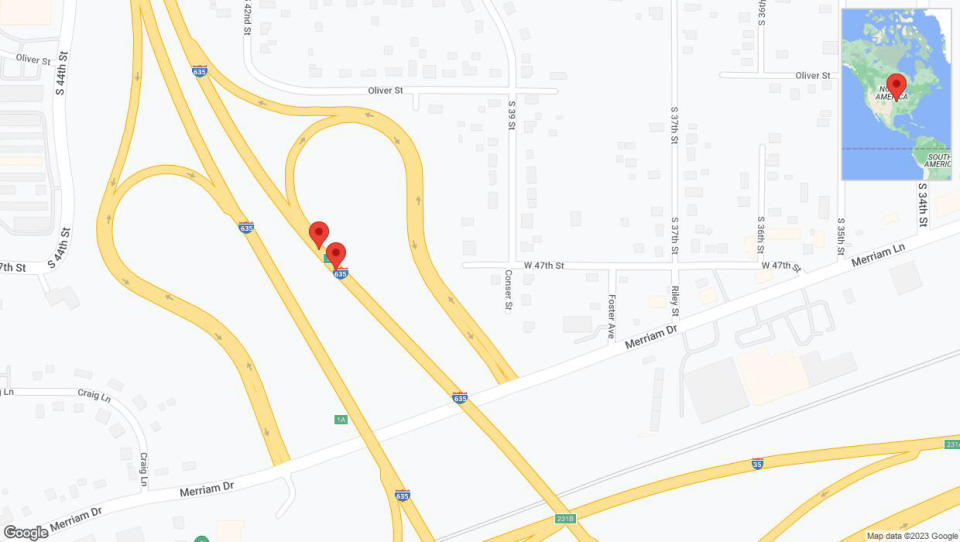 A detailed map that shows the affected road due to 'Broken down vehicle on northbound I-635 in Overland Park' on November 22nd at 12:26 p.m.