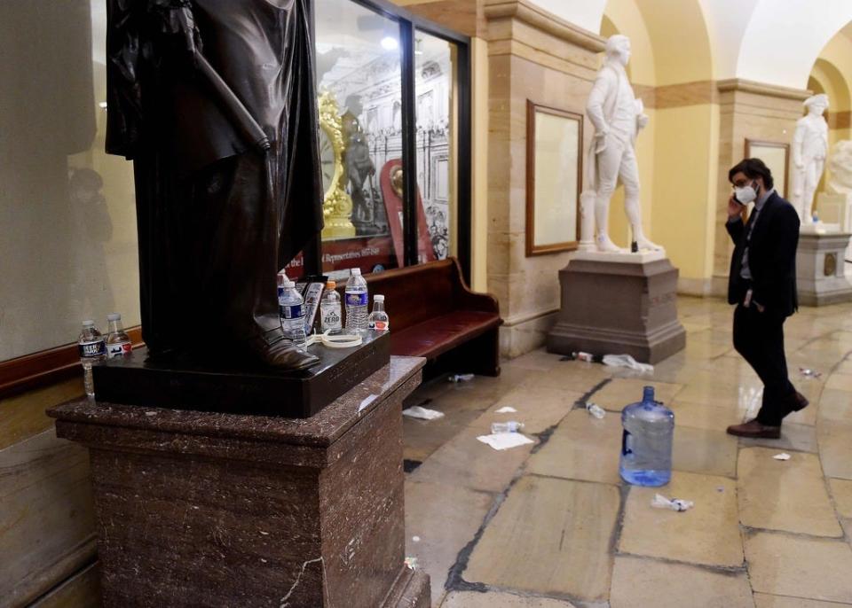 Damage is seen inside the US Capitol building early on January 7, 2020 in Washington, DC, after supporters of US President Donald Trump breached security and entered the building during a session of Congress