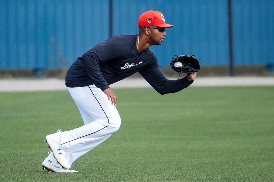 Detroit Tigers outfielder Justyn-Henry Malloy practices during spring training at TigerTown in Lakeland, Fla. on Monday, Feb. 19, 2024.