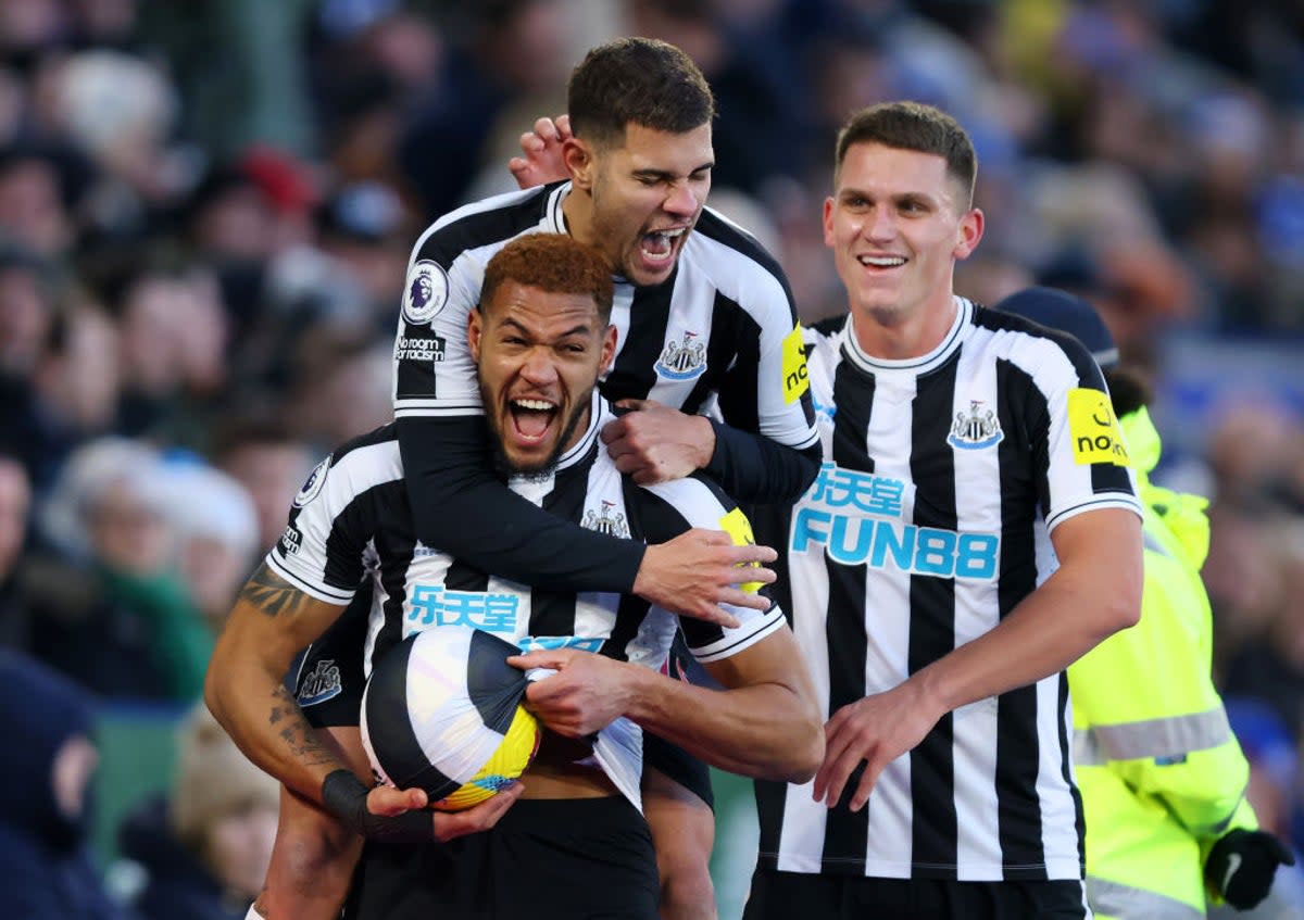 Joelinton celebrates scoring Newcastle’s third goal at Leicester  (Getty Images)