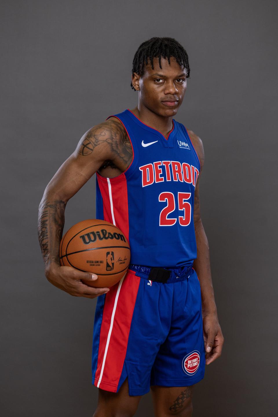 Marcus Sasser of the Detroit Pistons poses for a portrait during the NBA rookie photo shoot at UNLV on July 13, 2023 in Las Vegas.