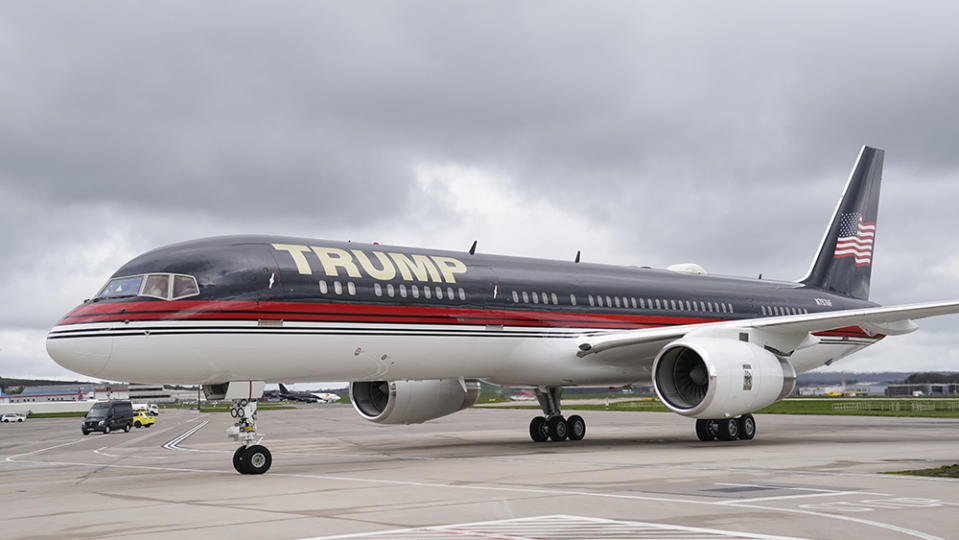 Former US president Donald Trump arrives in his private jet at Aberdeen International Airport, in Dyce, Aberdeen, ahead of his visit to the course at Trump International Golf Links Aberdeen. Picture date: Monday May 1, 2023. 71978008 (Press Association via AP Images)