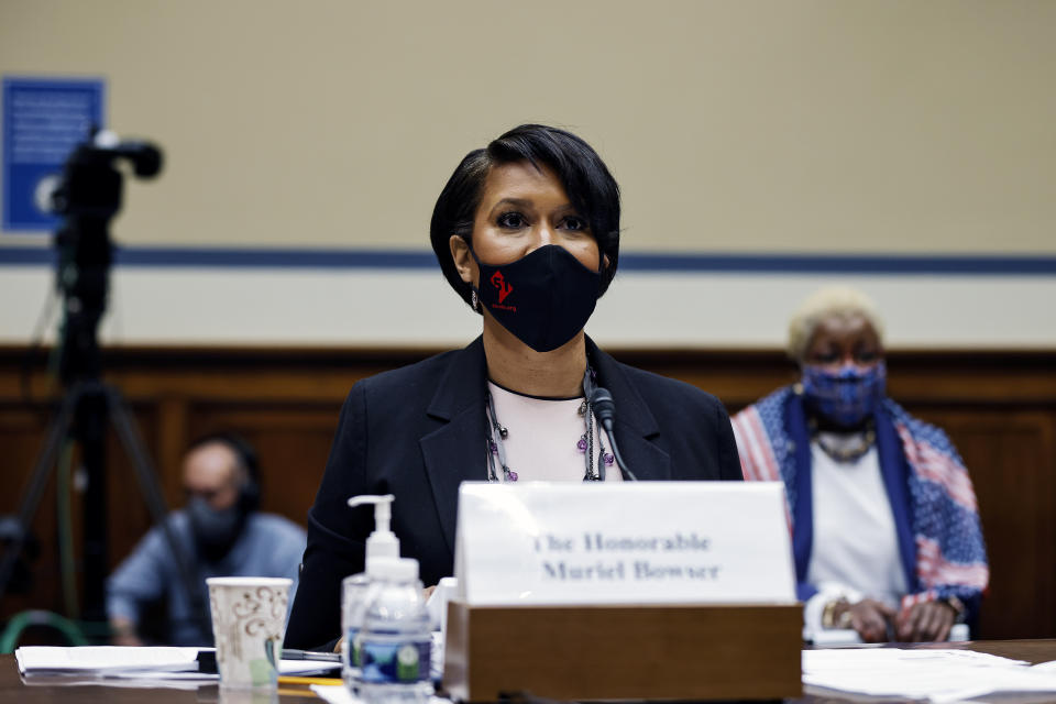 Washington, D.C., Mayor Muriel Bowser testifies before a House Oversight and Reform Committee hearing on the District of Columbia statehood bill, Monday, March 22, 2021 on Capitol Hill in Washington. (Carlos Barria/Pool via AP)