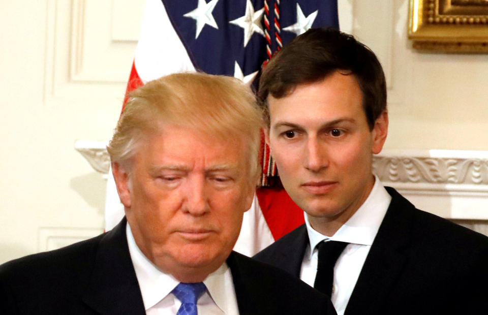 FILE PHOTO - U.S. President Donald Trump and his senior advisor Jared Kushner arrive for a meeting with manufacturing CEOs at the White House in Washington, DC, U.S. February 23, 2017. REUTERS/Kevin Lamarque/File Photo