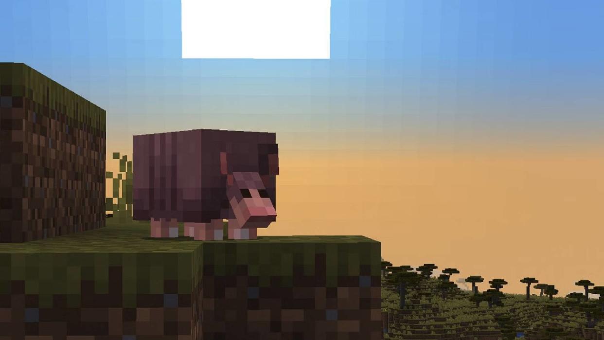  Armadillo on a hill in front of a sunset in Minecraft. 