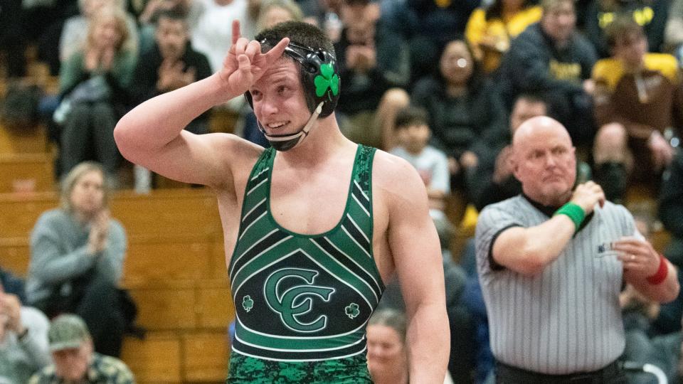 Camden Catholic's Austin Craft celebrates after defeating Toms River East's Nicholas DeLorenzo, 14-6, during the 157 lb. championship bout of the Region 7 wrestling tournament at Cherry Hill East High School on Saturday, February 25, 2023.  