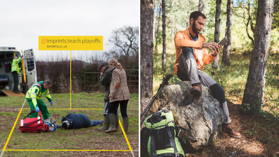 Pictured: Emergency responders using What3Words to find someone and a man lost in the forest. Images: What3Words, Getty