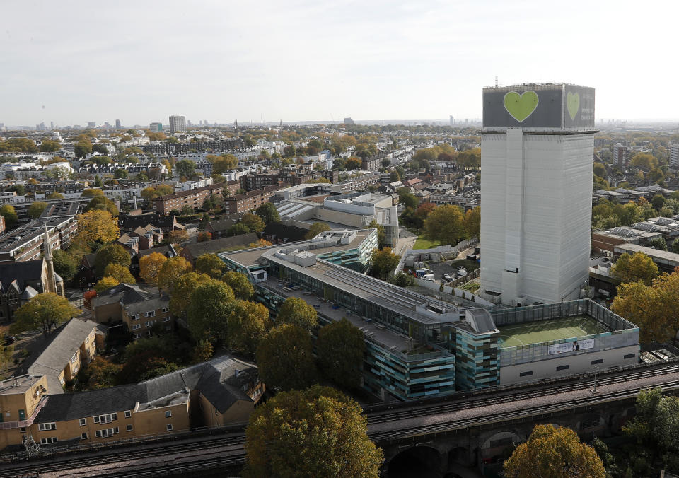 The Grenfell Tower in London, Wednesday, Oct. 30, 2019. London's fire commissioner on Wednesday defended her department's response to the June 2017 inferno that killed 72 people at Grenfell Tower after an official inquiry said more lives could have been saved if firefighters had not told the building's residents to stay in their apartments for so long. (AP Photo/Frank Augstein)