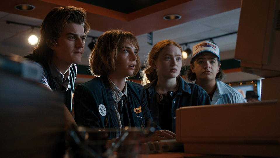 STRANGER THINGS, from left: Joe Keery, Maya Hawke, Sadie Sink, Gaten Matarazzo, (Season 4, aired May 27, 2022). ph: ©Netflix / Courtesy Everett Collection - Credit: ©Netflix/Courtesy Everett Colle