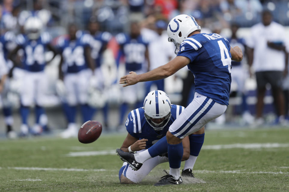 Indianapolis Colts kicker Adam Vinatieri (4) misses his second extra point of the game against the Tennessee Titans in the second half of an NFL football game Sunday, Sept. 15, 2019, in Nashville, Tenn. Holding is Rigoberto Sanchez. (AP Photo/James Kenney)