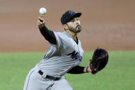 Miami Marlins starting pitcher Pablo Lopez throws a pitch to the Baltimore Orioles during the second inning of a baseball game, Tuesday, Aug. 4, 2020, in Baltimore. (AP Photo/Julio Cortez)