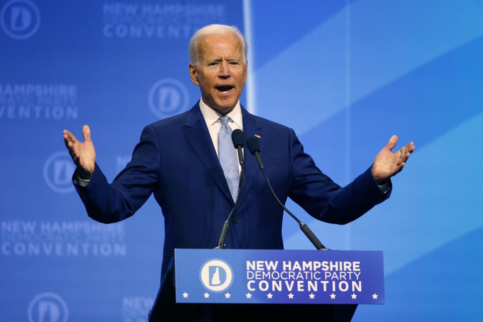 Democratic presidential candidate former Vice President Joe Biden speaks during the New Hampshire state Democratic Party convention, Saturday, Sept. 7, 2019, in Manchester, NH. (AP Photo/Robert F. Bukaty)