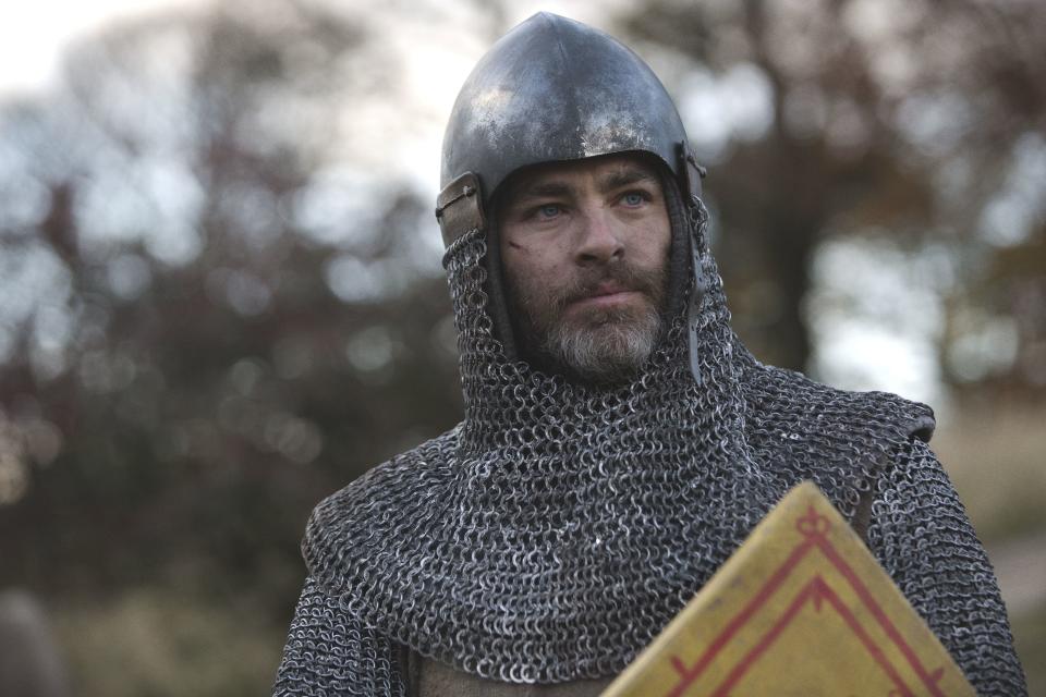 This image released by Netflix shows Chris Pine in a scene from David Mackenzie's Robert the Bruce epic "Outlaw King," one of eight Netflix original films premiering at the Toronto International Film Festival. (David Eustace/Netflix via AP)