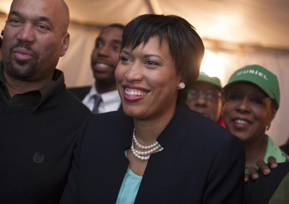 D.C. mayoral candidate and council member Muriel Bowser watches returns at her election night watch party in Washington, Tuesday, April 1, 2014. Bowser is the top challenger to Mayor Vincent Gray. (AP Photo/Cliff Owen)