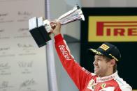 Formula One - Chinese F1 Grand Prix - Shanghai, China - 17/4/16 - Ferrari Formula One driver Sebastian Vettel of Germany holds his trophy after the Chinese Grand Prix. REUTERS/Aly Song