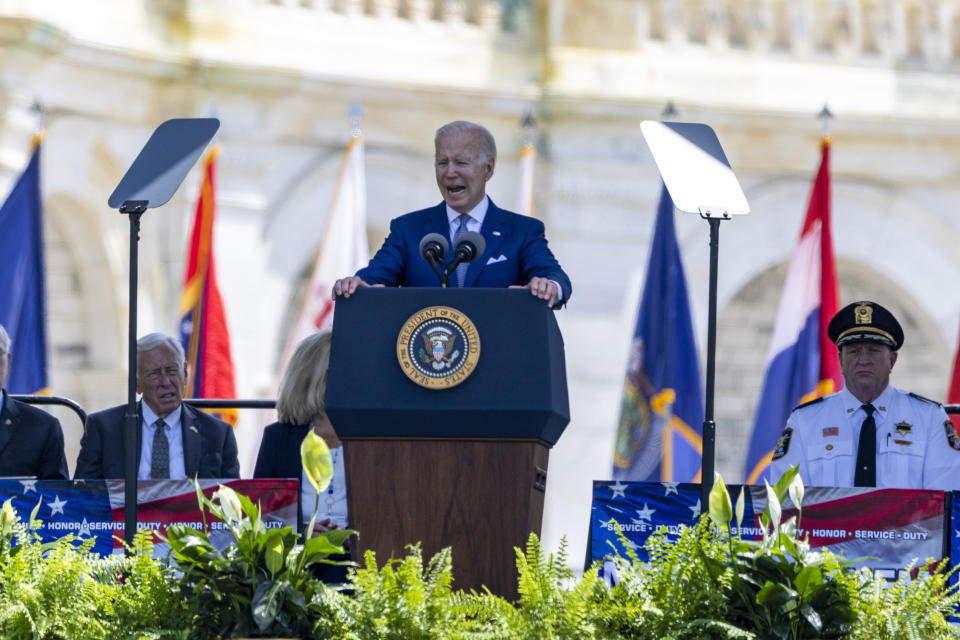  President Joe Biden speaks at the National Peace Officers' Memorial Service at the U.S. Capitol on May 15, 2022 in Washington, DC. The National Fraternal Order of Police held the 41st Annual National Peace Officers Memorial Service. / Credit: TASOS KATOPODIS / Getty Images