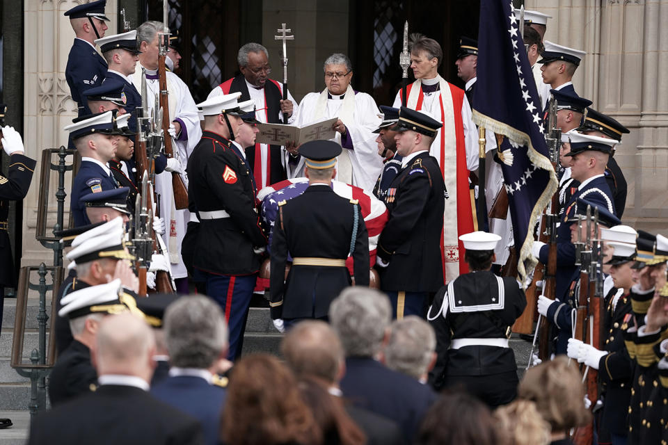 A joint service honor guard carries the casket of former President George H.W. Bush into the Washington National Cathedral for a state funeral on Dec. 5, 2018 in Washington, D.C. (Photo: Alex Wong/Getty Images)