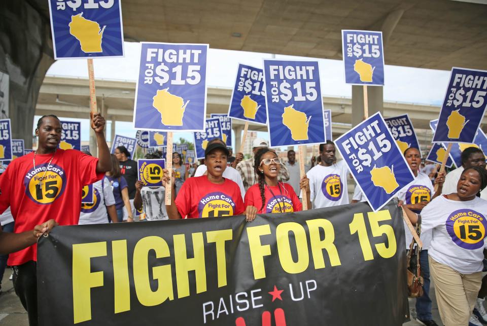 Members of the Wisconsin Jobs Now group are seen calling for a $15 an hour minimum wage during Labor Fest in 2015. Wisconsin's minimum wage has been $7.25 an hour since 2009. Gov. Tony Evers' first budget proposed an increase to $8.25 in 2020, then 75 cents per year for three years after that and then growing at the rate of inflation. It failed in the GOP-controlled Legislature.
