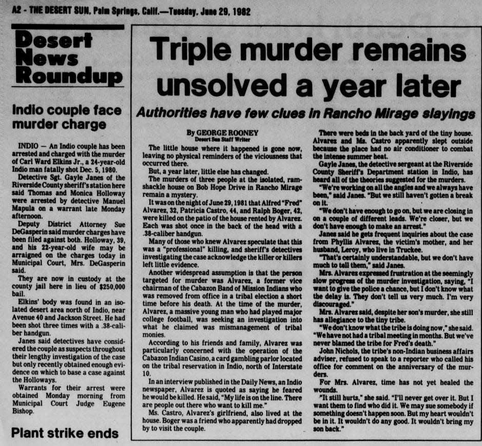 A Desert Sun story on the 1981 triple homicide remaining unsolved a year later.