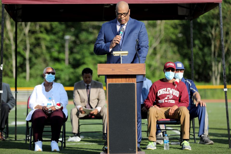 Samuel Trusty talks during the track naming ceremony. Tuesday, May 18, 2021