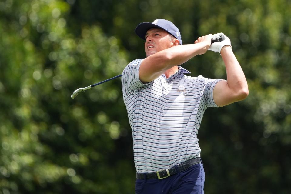 Apr 11, 2024; Augusta, Georgia, USA; Bryson DeChambeau plays his shot from the fourth tee during the first round of the Masters Tournament. Mandatory Credit: Kyle Terada-USA TODAY Sports