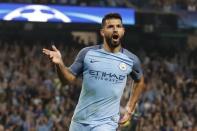 Britain Soccer Football - Manchester City v Borussia Monchengladbach - UEFA Champions League Group Stage - Group C - Etihad Stadium, Manchester, England - 14/9/16 Manchester City's Sergio Aguero celebrates scoring their third goal to complete his hat trick Action Images via Reuters / Carl Recine Livepic