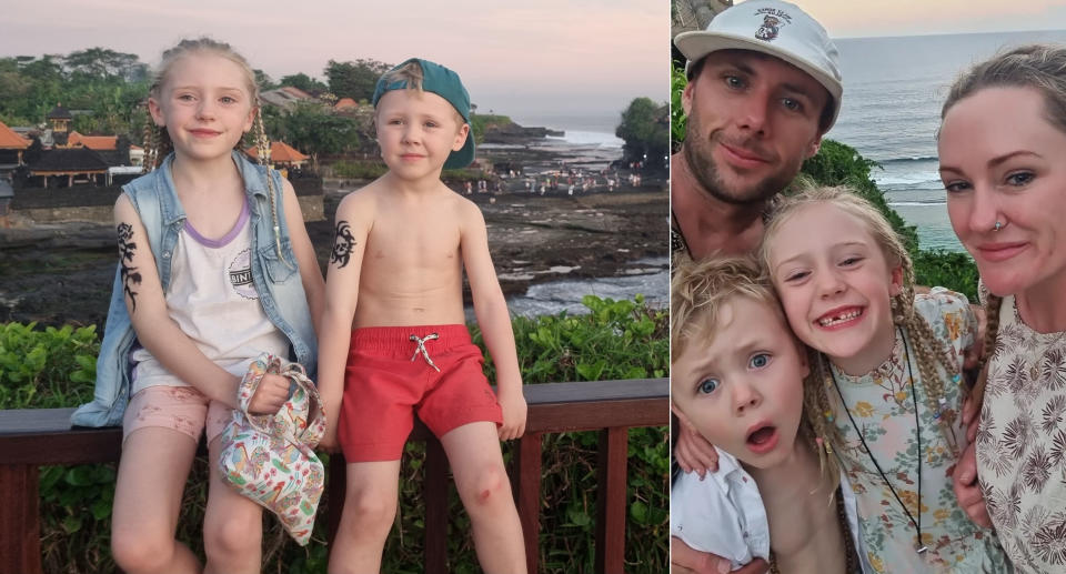 Jessie Kingscote and her partner and children smile for a photo in Bali.