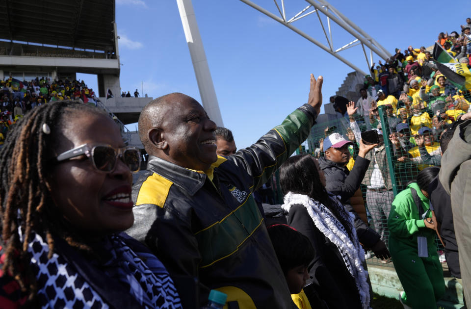 FILE - South African President Cyril Ramaphosa, second from left, attends a May Day rally in Cape Town, South Africa, on May, 1, 2024. Ramaphosa has tried to rebuild the reputation of the ANC by cracking down on government graft, but unemployment has risen to 32% under him and he has struggled to curb poverty.(AP Photo/Nardus Engelbrecht, File)