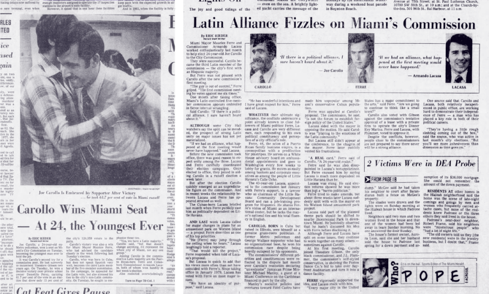 Miami Herald coverage of Carollo winning his commission seat for the first time in November 1979, left, and following Carollo’s first meeting, right. After that first meeting, Miami Mayor Maurice Ferre reportedly said: “The guy is out of control.” Newspapers.com