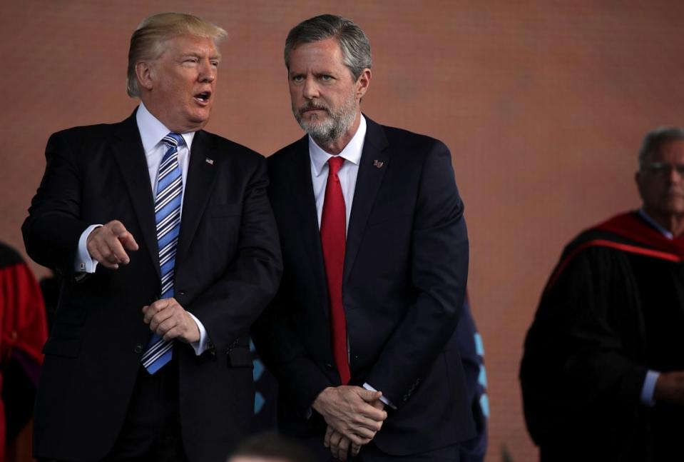 <div class="inline-image__caption"><p>U.S. President Donald Trump (L) and Jerry Falwell (R), President of Liberty University, on stage during a commencement at Liberty University May 13, 2017 in Lynchburg, Virginia.</p></div> <div class="inline-image__credit">Photo by Alex Wong/Getty Images</div>