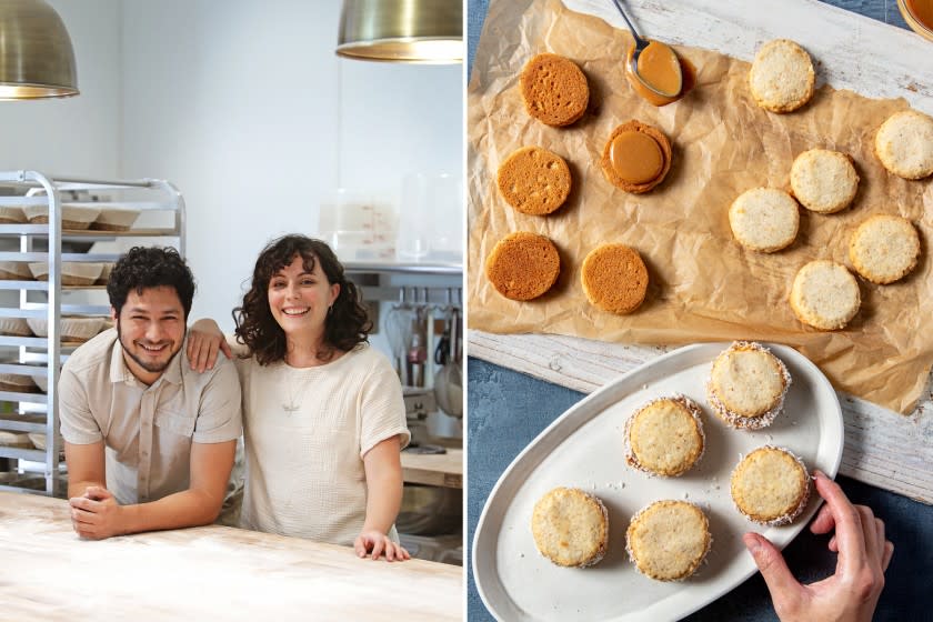 Alfajor de Nuez, a walnut-studded cookie created by Arturo Enciso and Ana Belén Salatino of Gusto Bread. <span class="copyright">(Portrait by Christina House / Los Angeles Times; cookie photo by Silvia Razgova / For The Times; food and prop styling by Leah Choi)</span>