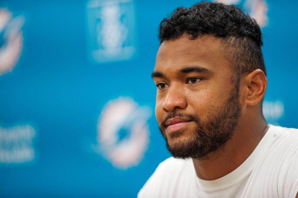 Miami Dolphins quarterback Tua Tagovailoa speaks during press conference at Baptist Health Training Complex in Hard Rock Stadium on Wednesday, April 20, 2022 in Miami Gardens, Florida.