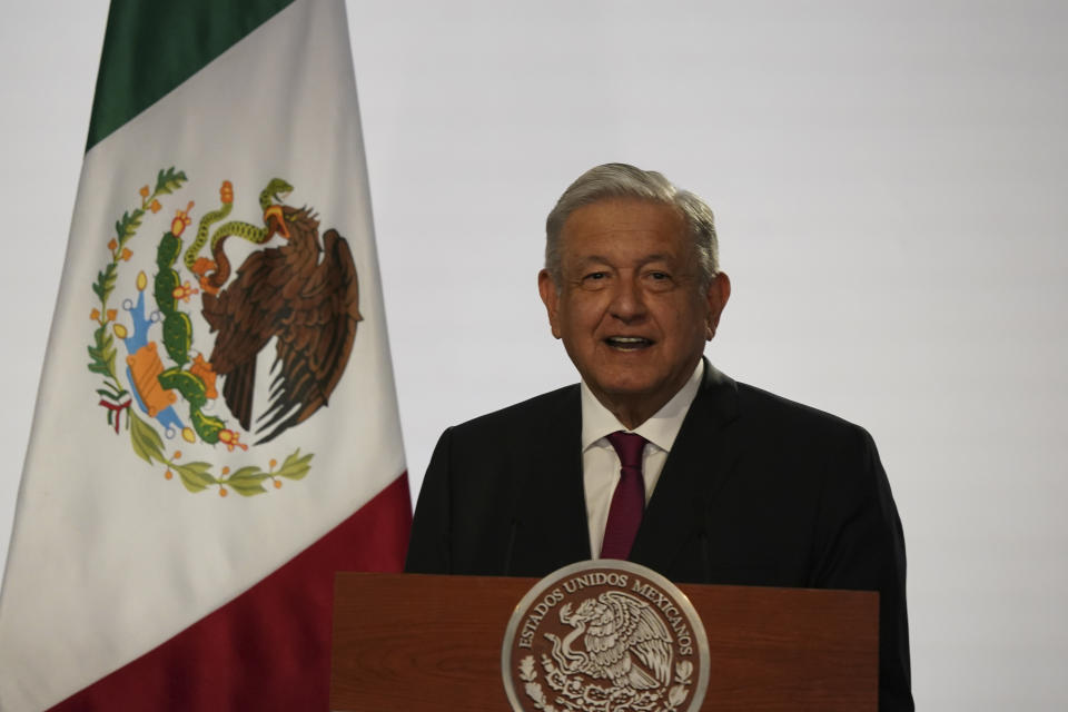Mexican President Andres Manuel Lopez Obrador delivers his third state of the nation address at the National Palace in Mexico City, Wednesday, Sept. 1, 2021. (AP Photo/Fernando Llano)