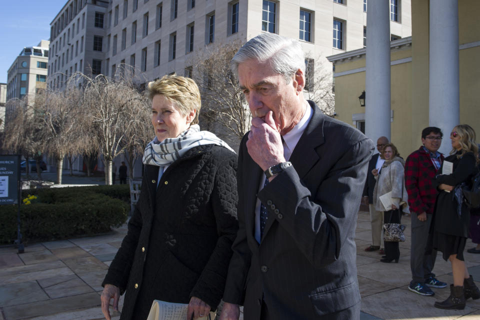 IN this March 24, 2019, photo, Special Counsel Robert Mueller, and his wife Ann, depart St. John's Episcopal Church, across from the White House, in Washington. The release of the special counsel’s findings in the Russia probe swiftly reshaped the 2020 presidential campaign, all but settling the question of whether President Donald Trump could be knocked from the race by a new revelation in the report and turning the debate over the investigation on its head. (AP Photo/Cliff Owen)