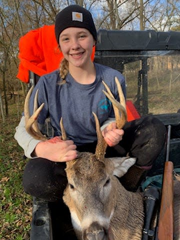 Twelve-year-old Bridget McGee took an eight-point buck and doe opening weekend of the firearms portion of deer season.