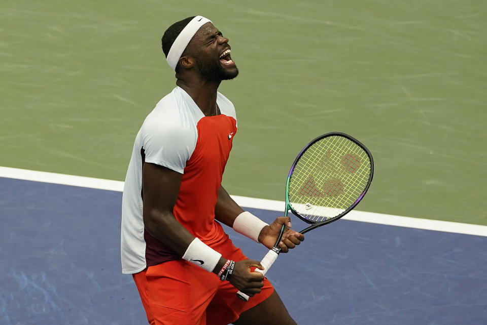 Frances Tiafoe, of the United States, reacts after defeating Andrey Rublev, of Russia, during the quarterfinals of the U.S. Open tennis championships, Wednesday, Sept. 7, 2022, in New York. (AP Photo/Seth Wenig)