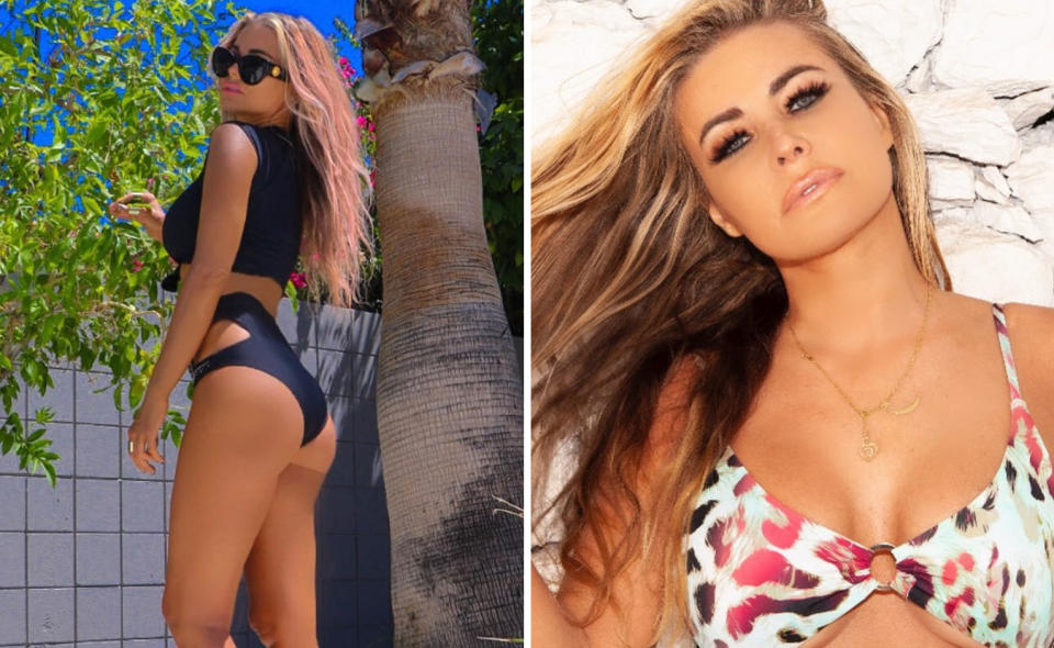 L: Carmen Electra wears a figure hugging black outfit, showing off her figure. R: Carmen Electra poses in a bikini