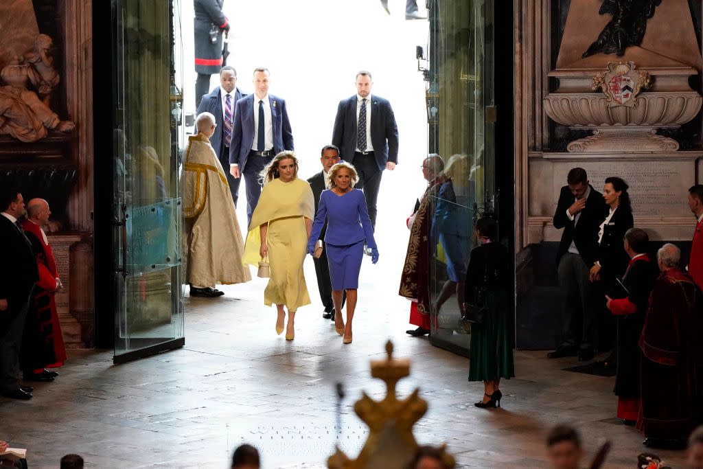 london, england may 06 first lady of the united states, dr jill biden, and her granddaughter finnegan biden ahead of the coronation of king charles iii and queen camilla on may 6, 2023 in london, england the coronation of charles iii and his wife, camilla, as king and queen of the united kingdom of great britain and northern ireland, and the other commonwealth realms takes place at westminster abbey today charles acceded to the throne on 8 september 2022, upon the death of his mother, elizabeth ii photo by andrew matthews wpa poolgetty images