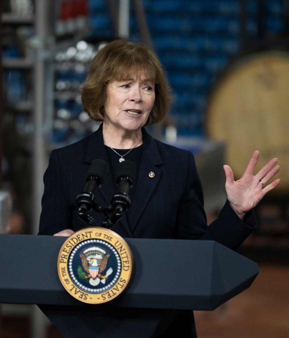 SUPERIOR, WISCONSIN - JANUARY 25: Sen. Tina Smith (D-MN) speaks about funding for the I-535 Blatnik Bridge before a visit by U.S. President Joe Biden at Earth Rider Brewery on January 25, 2024 in Superior, Wisconsin. (Photo by Stephen Maturen/Getty Images)