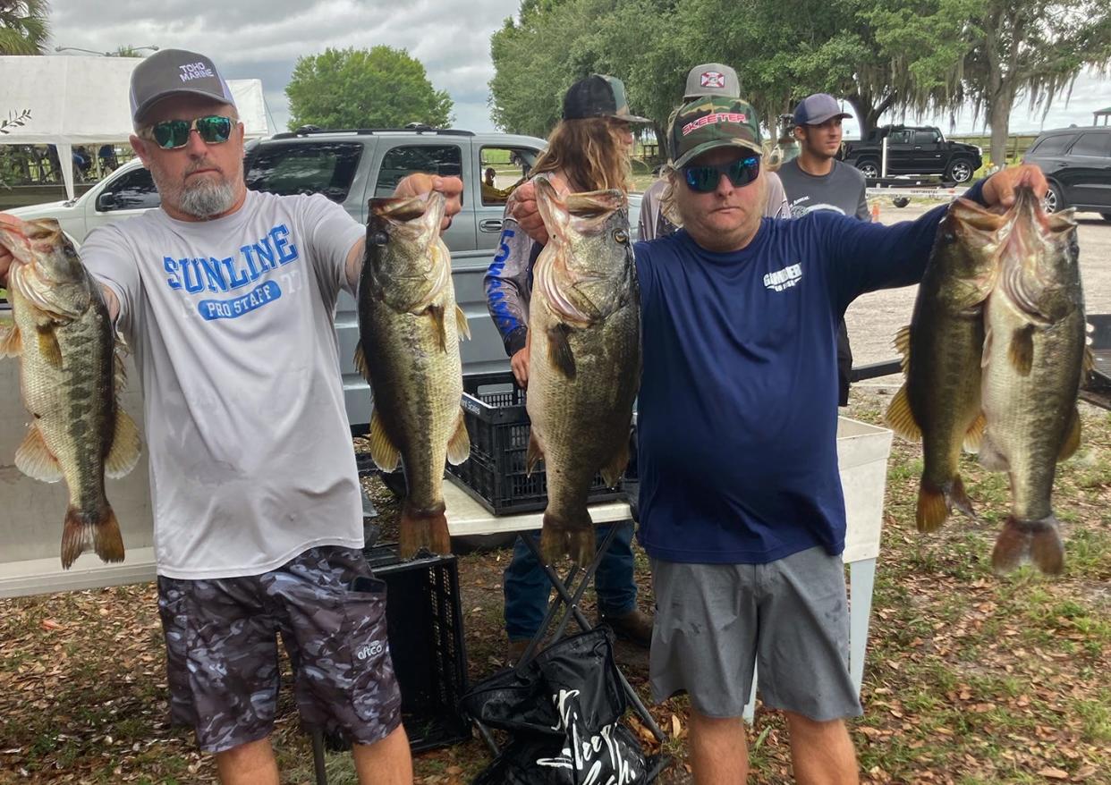 Levi Brown, left, and Matt Hinman had 31.77 pounds and a 10.18 pound big bass to win the Toho Marine-Help Our Heroes tournament June 4 on the Kissimmee Chain.  PROVIDED BY CHARLIE WYNPERLE