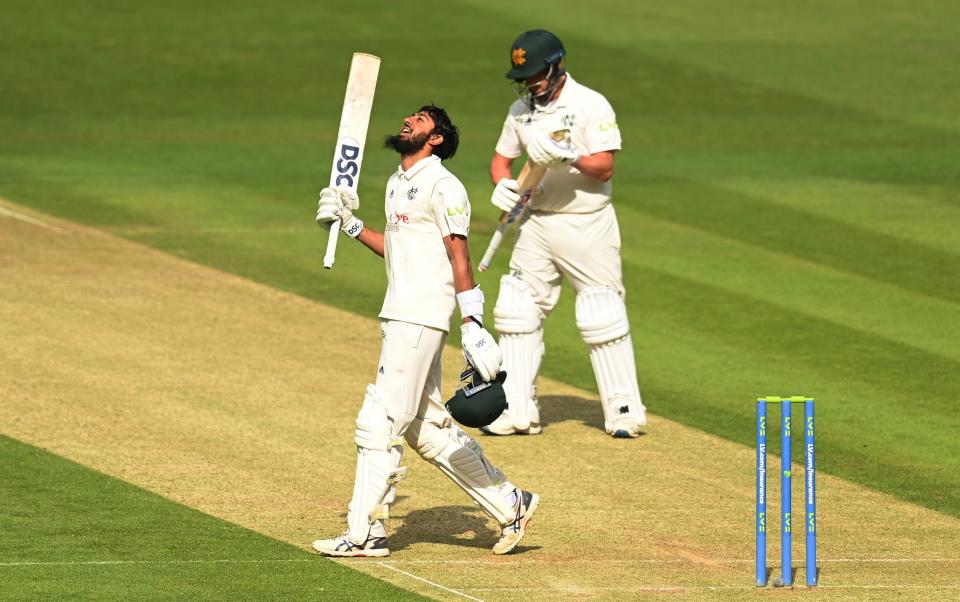 Haseeb Hameed celebrates reaching three figures against Middlesex - GETTY IMAGES