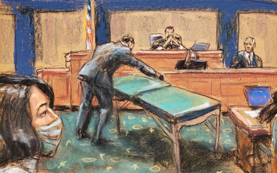 Epstein's alleged massage table is displayed in court during the trial of Ghislaine Maxwell - Jane Rosenberg/Reuters