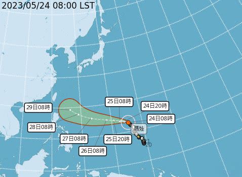 強烈颱風瑪娃（國際命名MAWAR）24日8時的中心位置在北緯13.0度，東經145.4度，以每小時12公里速度，向西北進行。（圖／翻攝自氣象局）