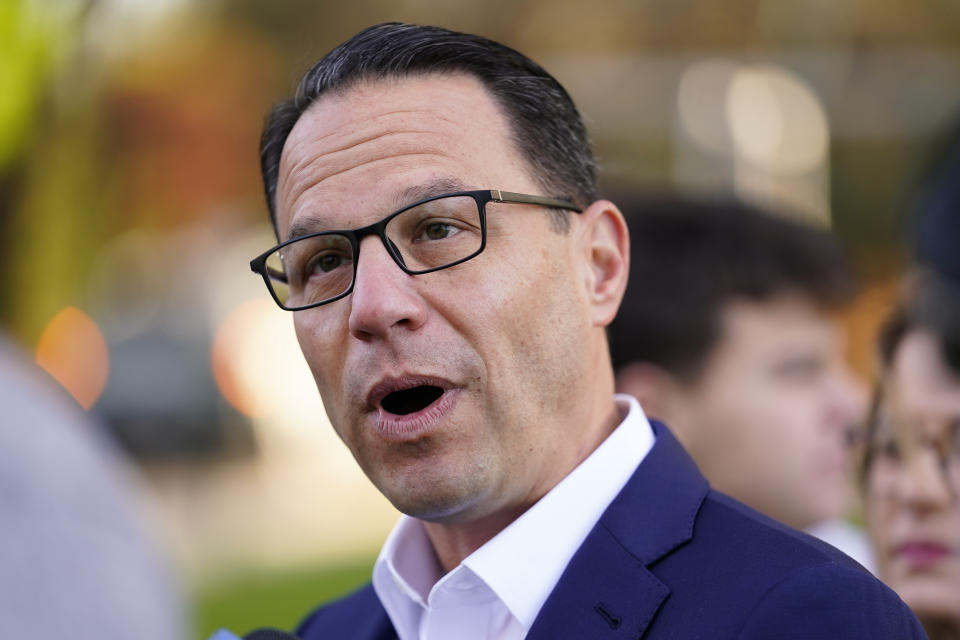 Pennsylvania gubernatorial candidate state Attorney General Josh Shapiro, speaks with members of the media after casting his ballot in the midterm elections in Rydal , Pa., Tuesday, Nov. 8, 2022. (AP Photo/Matt Rourke)