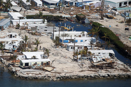 A destroyed trailer park is pictured in an aerial photo in the Keys in Marathon, Florida, U.S., September 13, 2017. REUTERS/Carlo Allegri/File Photo