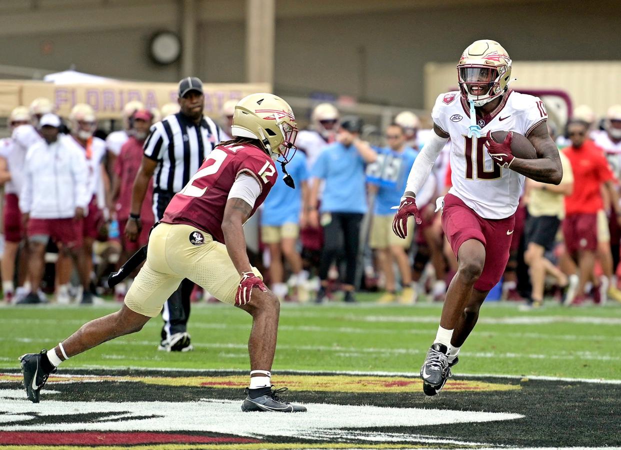 Florida State Seminoles wide receiver Malik Benson (10) runs with the ball during the Spring Showcase on April 20, 2024, at Doak S. Campbell Stadium in Tallahassee, Florida. Mandatory Credit: Melina Myers-USA TODAY Sports